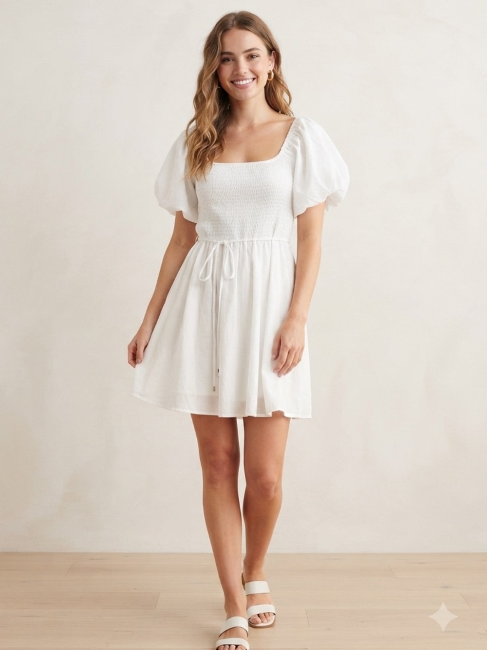 White Puff-Sleeve Smocked Mini Dress with Tie Waist